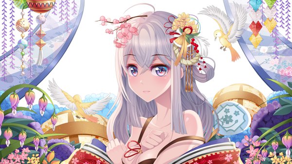 Anime picture 6920x3895 with original mu mu xiansheng single long hair looking at viewer fringe highres breasts blue eyes light erotic hair between eyes wide image white background bare shoulders absurdres silver hair upper body ahoge traditional clothes parted lips