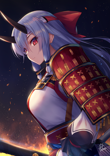 Anime picture 735x1040 with fate (series) fate/grand order tomoe gozen (fate) fukai ryosuke single long hair tall image fringe hair between eyes red eyes holding signed payot silver hair upper body traditional clothes japanese clothes profile horn (horns) looking down