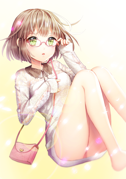 Anime picture 600x849 with original saban single tall image looking at viewer short hair open mouth light erotic simple background brown hair white background green eyes girl dress glasses bag
