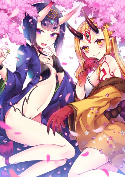 Anime picture 1748x2480 with fate (series) fate/grand order shuten douji (fate) ibaraki douji (fate) may (2747513627) long hair tall image looking at viewer blush fringe highres short hair breasts open mouth light erotic simple background blonde hair smile white background purple eyes