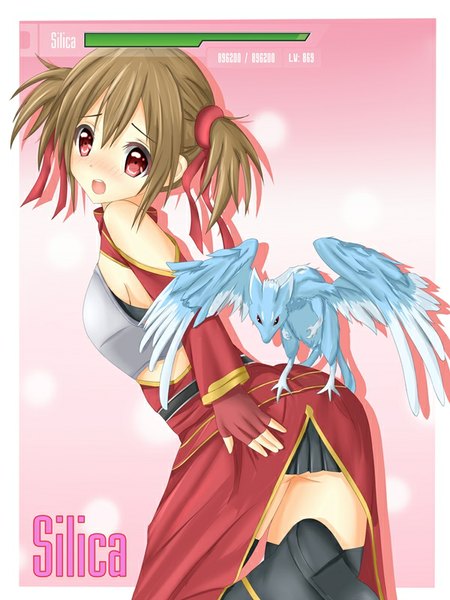 Anime picture 600x800 with sword art online a-1 pictures silica pina (sao) tear yu single tall image blush fringe short hair open mouth light erotic red eyes brown hair leaning leaning forward fantasy girl thighhighs gloves