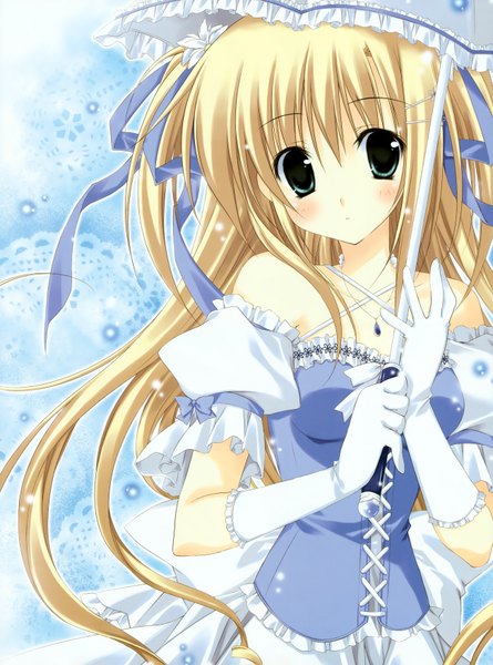 Anime picture 2599x3500 with korie riko long hair tall image blush highres blue eyes blonde hair girl dress gloves ribbon (ribbons) umbrella
