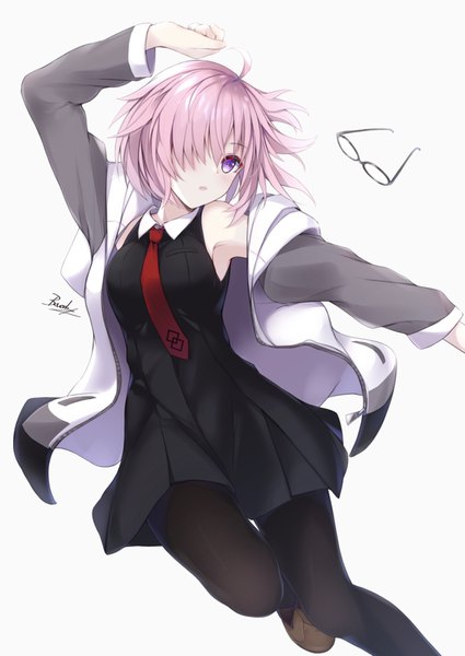 Anime picture 1125x1587 with fate (series) fate/grand order mash kyrielight bee doushi single tall image blush fringe short hair breasts open mouth simple background white background purple eyes signed looking away pink hair ahoge arm up hair over one eye