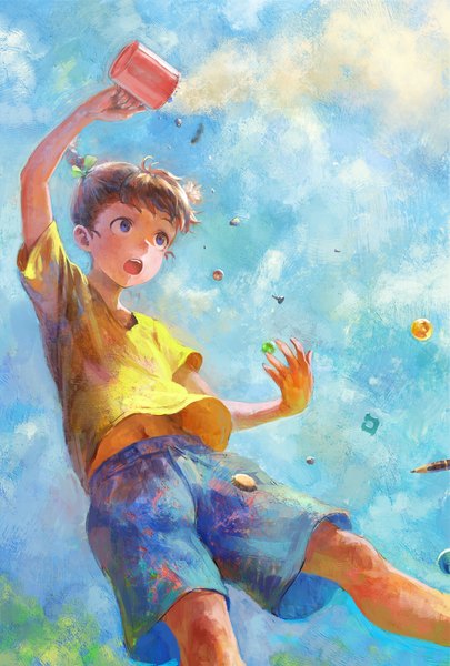 Anime picture 1298x1920 with original arata yokoyama single tall image short hair open mouth blue eyes brown hair sky cloud (clouds) outdoors surprised girl shorts t-shirt