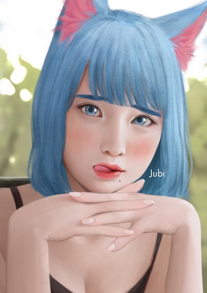 Anime picture 2480x3508 with original lizha (jubi) jubi (regiana) single tall image looking at viewer fringe highres short hair blue eyes bare shoulders signed animal ears blue hair cleavage blunt bangs fingernails cat ears realistic mole