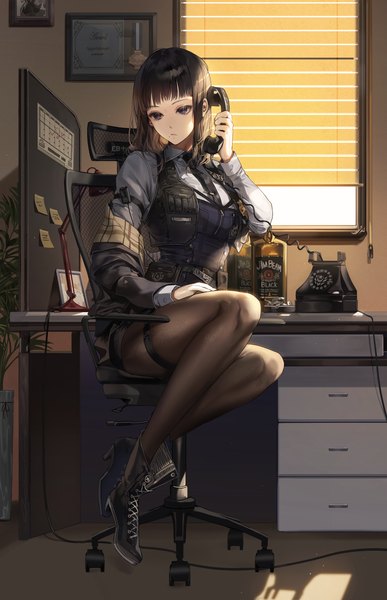 Anime picture 1000x1549 with original kim eb single long hair tall image fringe brown hair sitting holding signed looking away full body bent knee (knees) indoors blunt bangs long sleeves off shoulder mole grey eyes high heels