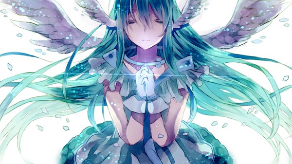 Anime picture 1920x1080 with project diva 2nd vocaloid hatsune miku tagme (artist) single long hair fringe highres simple background wide image white background eyes closed aqua hair alternate costume head wings white wings glow multiple wings girl dress