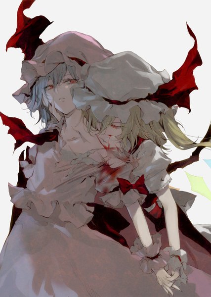 Anime picture 1068x1500 with touhou flandre scarlet remilia scarlet minakata sunao tall image short hair simple background blonde hair red eyes white background multiple girls blue hair holding hands girl dress 2 girls wings blood bonnet