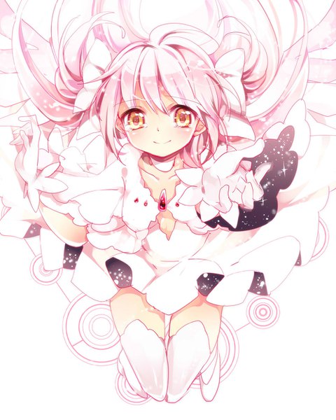 Anime picture 1000x1250 with mahou shoujo madoka magica shaft (studio) kaname madoka goddess madoka ayumaru (art of life) single long hair tall image looking at viewer blush short hair simple background smile white background twintails yellow eyes pink hair short twintails outstretched hand girl