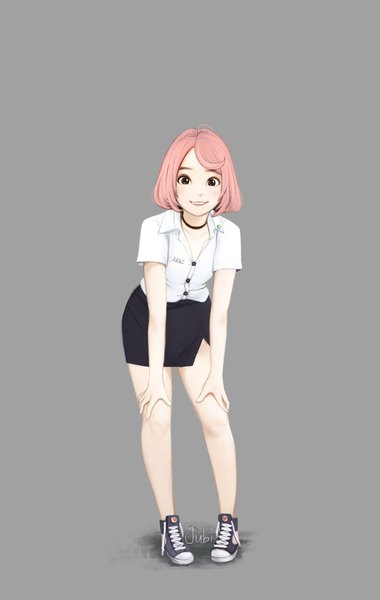 Anime picture 1299x2048 with original laras (jubi) jubi (regiana) single tall image looking at viewer short hair simple background smile standing brown eyes signed pink hair full body grey background arm support character names open collar girl skirt