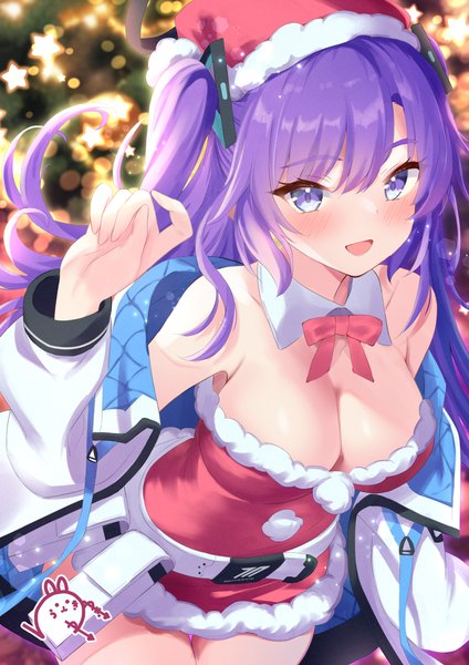 Anime picture 2894x4093 with blue archive yuuka (blue archive) snow-yuuki single long hair tall image looking at viewer blush fringe highres breasts open mouth light erotic smile large breasts purple eyes bare shoulders cleavage purple hair :d
