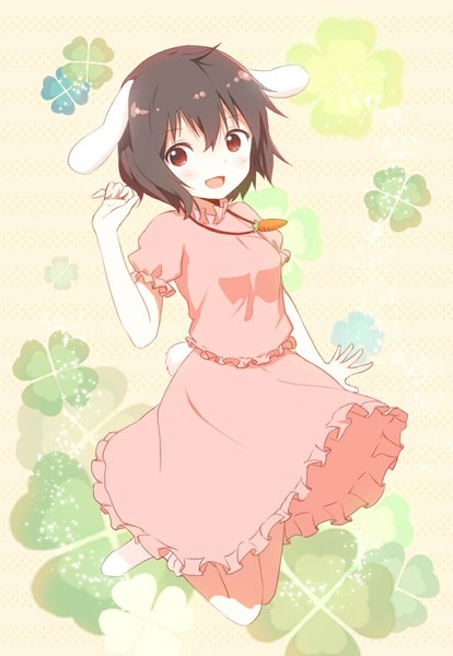 Anime picture 807x1169 with touhou inaba tewi nekoze (chatte secca) single tall image blush fringe short hair open mouth black hair red eyes animal ears looking away bent knee (knees) bunny ears no shoes jumping girl dress socks