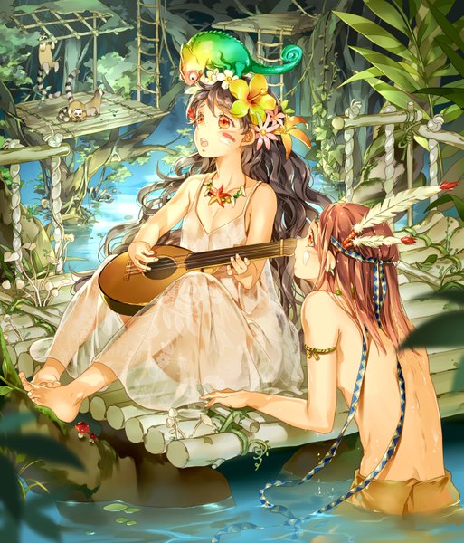 Anime picture 1283x1500 with original hoshii hisa long hair tall image fringe short hair open mouth light erotic red eyes brown hair sitting bare shoulders bent knee (knees) hair flower teeth bare belly bare legs fang (fangs) facial mark wet clothes