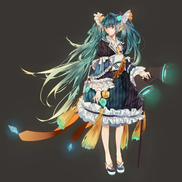 Anime picture 1200x1200 with vocaloid hatsune miku prussia echo single looking at viewer simple background twintails brown eyes very long hair aqua hair grey background girl dress hair ornament frills headphones megaphone