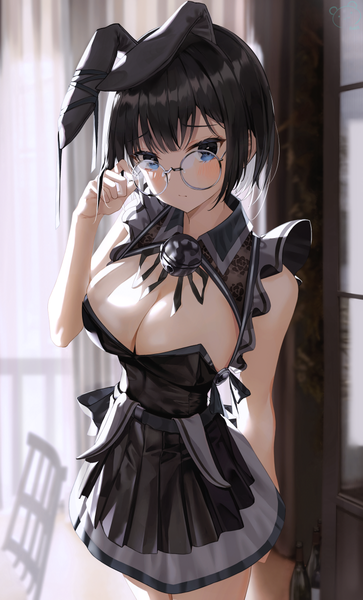 Anime picture 726x1200 with original ruda (ruda e) single tall image looking at viewer blush fringe short hair breasts blue eyes light erotic black hair large breasts standing signed animal ears payot cleavage indoors blunt bangs