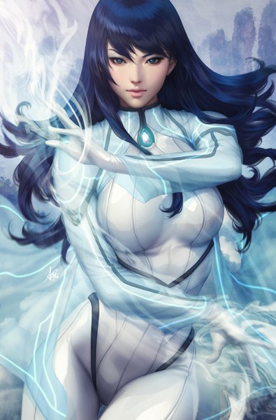 Anime picture 856x1300 with marvel comics aero (marvel) artgerm (stanley lau) single long hair tall image looking at viewer fringe breasts blue eyes hair between eyes standing signed blue hair wind lips realistic lipstick thigh gap magic