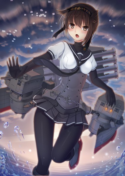 Anime picture 1447x2047 with kantai collection hatsuzuki destroyer umitonakai single tall image looking at viewer blush short hair open mouth black hair brown eyes sky cloud (clouds) girl skirt gloves weapon miniskirt black gloves necktie