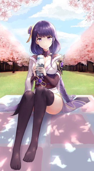 Anime picture 3271x5915 with genshin impact raiden shogun frontera single long hair tall image looking at viewer fringe highres breasts large breasts sitting purple eyes holding absurdres sky cleavage purple hair cloud (clouds) full body