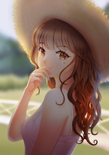 Anime picture 2480x3508 with original mayuneaw single long hair tall image looking at viewer fringe highres breasts smile brown hair standing bare shoulders brown eyes sky upper body outdoors profile fingernails light smile