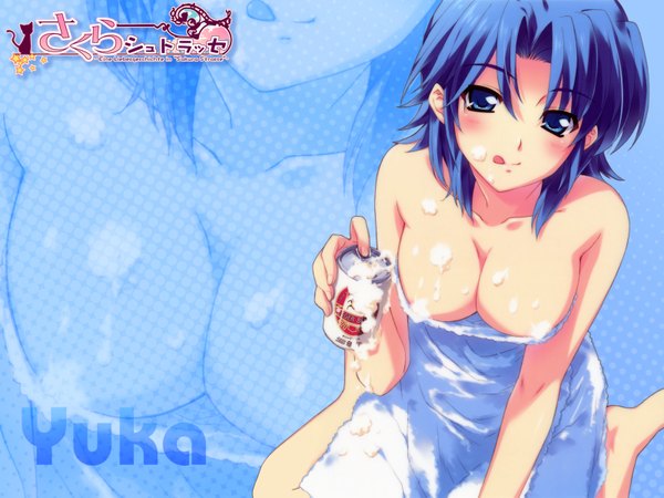 Anime picture 1600x1200 with sakura strasse kirin (company) ayase yuka kusukusu single breasts light erotic zoom layer naked towel girl tongue towel alcohol beer