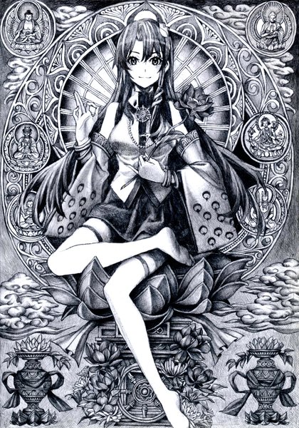 Anime picture 2300x3282 with touhou hong meiling nobita (makoto7060355) long hair tall image looking at viewer highres smile sitting short sleeves monochrome girl skirt flower (flowers)