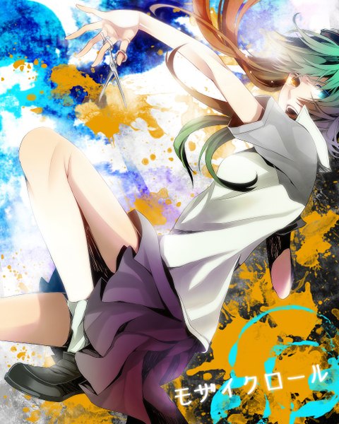 Anime picture 1024x1280 with vocaloid gumi macco (artist) single tall image open mouth multicolored hair heterochromia girl skirt uniform school uniform scissors paint mosaic roll (vocaloid)