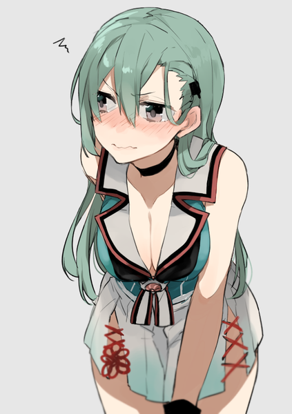 Anime picture 595x842 with kantai collection suzuya heavy cruiser maya heavy cruiser hita (hitapita) single long hair tall image blush fringe breasts light erotic simple background hair between eyes large breasts bare shoulders brown eyes looking away cleavage green hair grey background