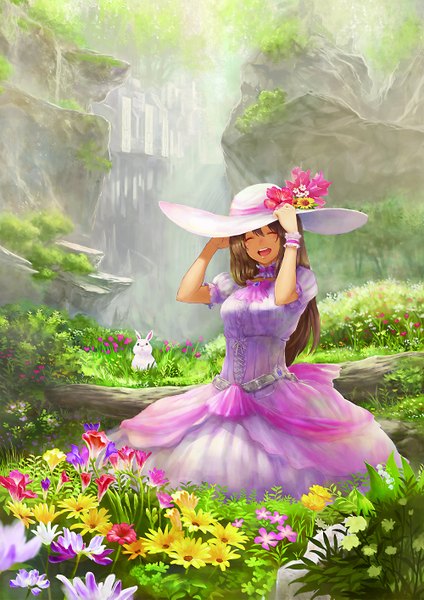 Anime picture 2000x2829 with original guchico single long hair tall image highres blonde hair smile sitting eyes closed mountain girl dress flower (flowers) plant (plants) hat animal bunny