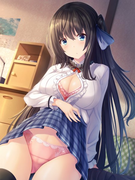 Anime picture 1800x2400 with original liya single long hair tall image looking at viewer blush fringe highres breasts light erotic black hair hair between eyes large breasts sitting long sleeves pleated skirt aqua eyes shadow skirt lift