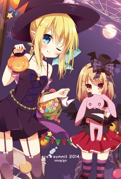 Anime picture 545x807 with emil chronicle online dark feather alma le fay lore hoshi (snacherubi) tall image looking at viewer blush short hair blue eyes blonde hair smile red eyes multiple girls cloud (clouds) pleated skirt one eye closed pointy ears wink night embarrassed