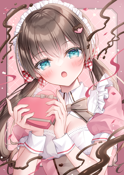 Anime picture 1000x1412 with original kohinata hoshimi single long hair tall image looking at viewer blush open mouth brown hair twintails head tilt aqua eyes :o puffy sleeves low twintails valentine girl hair ornament bow hair bow