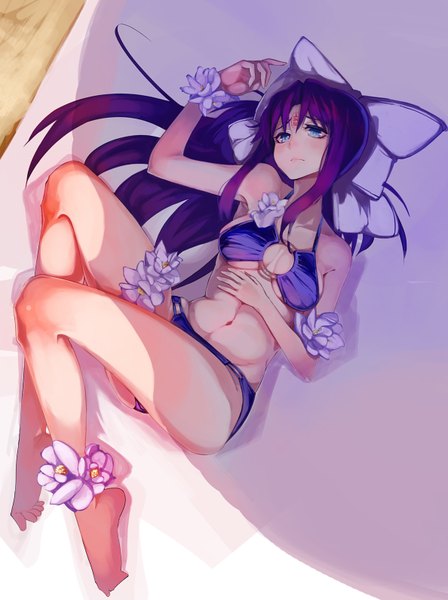 Anime picture 1188x1589 with sengoku collection okita souji (sengoku collection) mantarou single long hair tall image looking at viewer blush blue eyes light erotic bare shoulders purple hair ponytail barefoot beach facial mark sad girl navel flower (flowers)