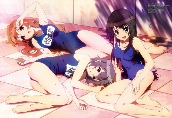 Anime picture 5944x4088 with suzumiya haruhi no yuutsu kyoto animation megami magazine suzumiya haruhi nagato yuki asahina mikuru takemoto yasuhiro long hair highres short hair open mouth light erotic black hair red eyes multiple girls brown eyes yellow eyes absurdres purple hair lying