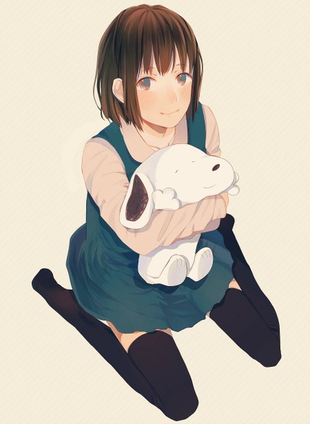 Anime picture 900x1229 with original satou shinobu single tall image looking at viewer short hair black hair simple background brown eyes girl thighhighs dress black thighhighs toy stuffed animal