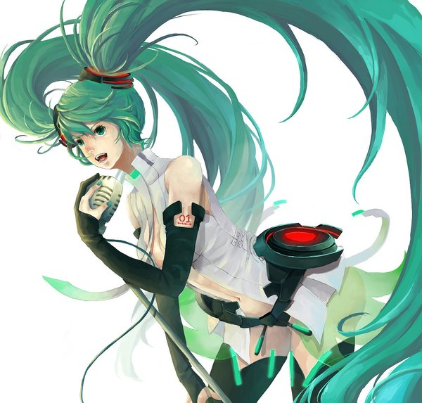 Anime picture 1152x1101 with vocaloid vocaloid append hatsune miku hatsune miku (append) yupi single fringe breasts open mouth simple background standing white background twintails holding very long hair nail polish aqua eyes fingernails aqua hair tattoo