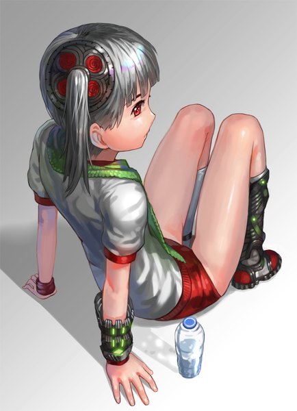 Anime picture 738x1019 with original kfr single long hair tall image looking at viewer simple background red eyes sitting ponytail profile grey hair side ponytail girl shorts bottle
