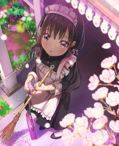 Anime picture 1645x2021 with original abo (kawatasyunnnosukesabu) single long hair tall image looking at viewer blush fringe open mouth black hair standing purple eyes holding full body outdoors blunt bangs braid (braids) from above :o maid