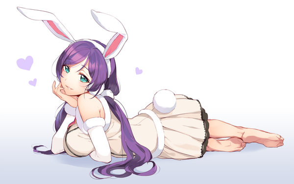 Anime picture 2000x1254 with love live! school idol project sunrise (studio) love live! toujou nozomi tyuh (pixiv) single long hair looking at viewer blush highres breasts blue eyes smile large breasts animal ears purple hair bent knee (knees) tail animal tail looking back