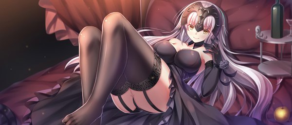Anime picture 1680x720 with fate (series) fate/grand order jeanne d'arc (fate) (all) jeanne d'arc alter (fate) zha yu bu dong hua single long hair looking at viewer breasts light erotic smile wide image yellow eyes silver hair girl thighhighs dress gloves underwear panties