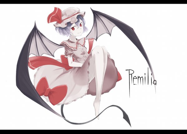 Anime picture 1530x1098 with touhou remilia scarlet crazyoton46 single looking at viewer short hair simple background smile red eyes white background blue hair bent knee (knees) tail barefoot bare legs short sleeves puffy sleeves character names letterboxed pale skin
