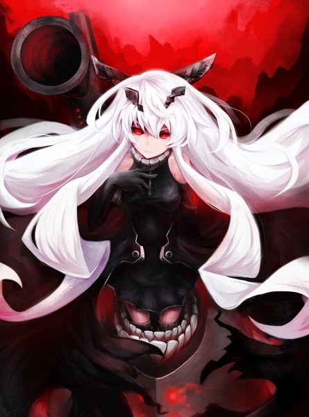 Anime picture 2551x3437 with kantai collection anchorage oni litsvn long hair tall image looking at viewer highres red eyes standing white hair wind teeth hand on chest mountain pale skin underwater shinkaisei-kan dress hair ornament weapon