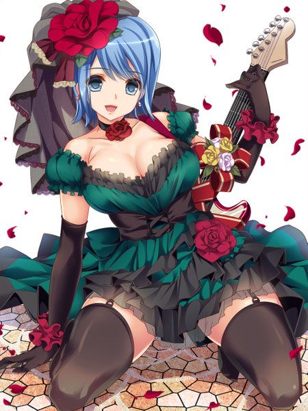 Anime picture 961x1280 with original moneti (daifuku) single tall image looking at viewer short hair open mouth blue eyes blue hair girl thighhighs dress gloves flower (flowers) black thighhighs petals black gloves elbow gloves guitar
