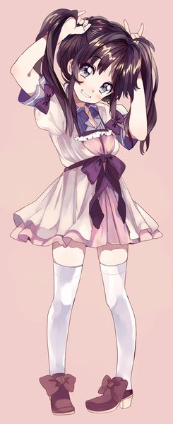 Anime picture 409x1000 with original amezawa koma single long hair tall image looking at viewer blue eyes black hair simple background smile twintails pink background girl thighhighs dress white thighhighs