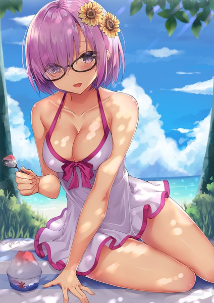 Anime picture 800x1132 with fate (series) fate/grand order mash kyrielight mash kyrielight (swimsuit of perpetual summer) rong yi tan single tall image looking at viewer blush fringe short hair breasts open mouth light erotic smile large breasts sitting purple eyes holding sky