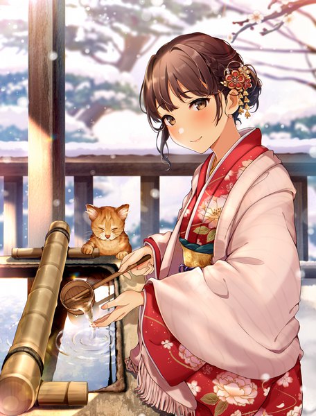 Anime picture 1519x2000 with original hisao 0111 single tall image looking at viewer blush fringe short hair smile brown hair holding brown eyes payot outdoors braid (braids) traditional clothes head tilt japanese clothes wide sleeves floral print