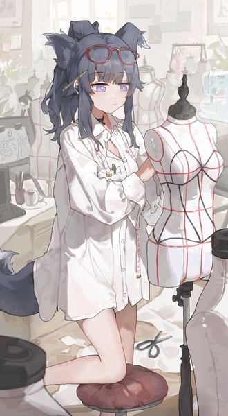 Anime picture 2078x3781 with blue archive hibiki (blue archive) sentter single long hair tall image fringe highres black hair standing purple eyes animal ears payot looking away bent knee (knees) ponytail indoors tail blunt bangs long sleeves
