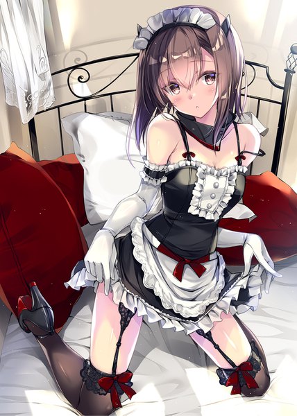 Anime picture 1110x1557 with kantai collection taihou armored aircraft carrier kobayashi chisato single long hair tall image blush fringe light erotic hair between eyes brown hair bare shoulders looking away full body indoors maid high heels kneeling strap slip dress lift