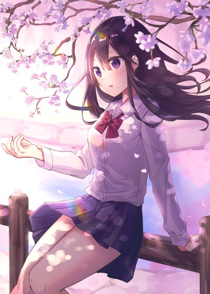 Anime picture 2588x3621 with original amaimomo single long hair tall image blush fringe highres open mouth hair between eyes brown hair standing purple eyes payot looking away bent knee (knees) outdoors long sleeves pleated skirt wind
