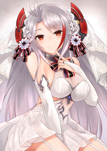 Anime picture 1000x1414 with azur lane prinz eugen (azur lane) prinz eugen (symphonic fate) (azur lane) ryara vivi single long hair tall image looking at viewer blush fringe breasts light erotic simple background smile sitting bare shoulders brown eyes payot ahoge multicolored hair
