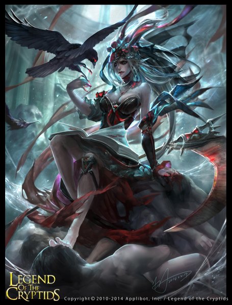 Anime picture 1620x2133 with legend of the cryptids yu-han single tall image looking at viewer breasts blue eyes bare shoulders silver hair very long hair girl animal choker bird (birds) book (books) blood crow